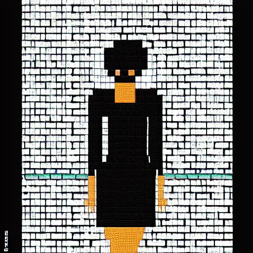 Prompt: a woman in a short black dress standing in front of a wall, a cross stitch by maud naftel, pinterest contest winner, maximalism, black background, full body, photo
