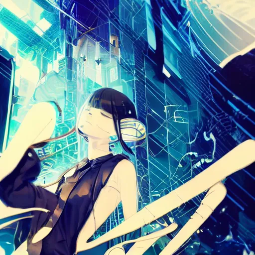 Image similar to Frequency indie album cover, luxury advertisement, blue filter, blue and black colors. Clean and detailed post-cyberpunk sci-fi close-up schoolgirl in asian city in style of cytus and deemo, blue flame, relaxing, calm and mysterious vibes, by Tsutomu Nihei, by Yoshitoshi ABe, by Ilya Kuvshinov, by Greg Tocchini, nier:automata, set in half-life 2, Matrix, GITS, Blade Runner, Neotokyo Source, Syndicate(2012), dynamic composition, beautiful with eerie vibes, very inspirational, very stylish, with gradients, surrealistic, dystopia, postapocalyptic vibes, depth of field, mist, rich cinematic atmosphere, perfect digital art, mystical journey in strange world, beautiful dramatic dark moody tones and studio lighting, shadows, bastion game, arthouse