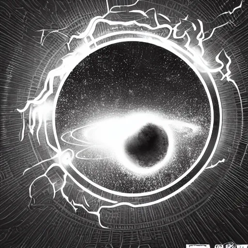 Prompt: tattoo png logo of black hole rising above city, city destroyed by shockwave, black hole with accretion disс, digital art, vector logo, sticker, black and white, art by marc simonetti, zdzisław beksinski, wayne barlow, naranbaatar ganbold