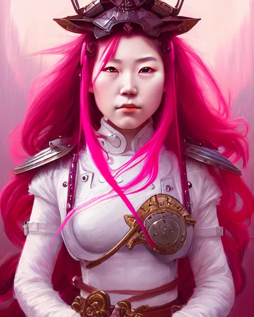 Prompt: Portrait of a japanese girl with pink hair wearing a paladin armor with a red skirt and white top, face, fantasy, intricate, elegant, highly detailed, digital painting, artstation, concept art, smooth, sharp focus, illustration, art by Fernanda Suarez and Artem Demura and alphonse mucha