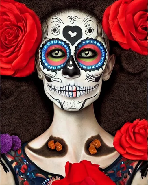 Prompt: dia de los muertos theme surrealist!!!! art in the styles of igor morski, jim warren, and aida muluneh, intricate, hyperrealistic, accurate facial details, profile picture with chromakey!!!!! background, volumetric lighting