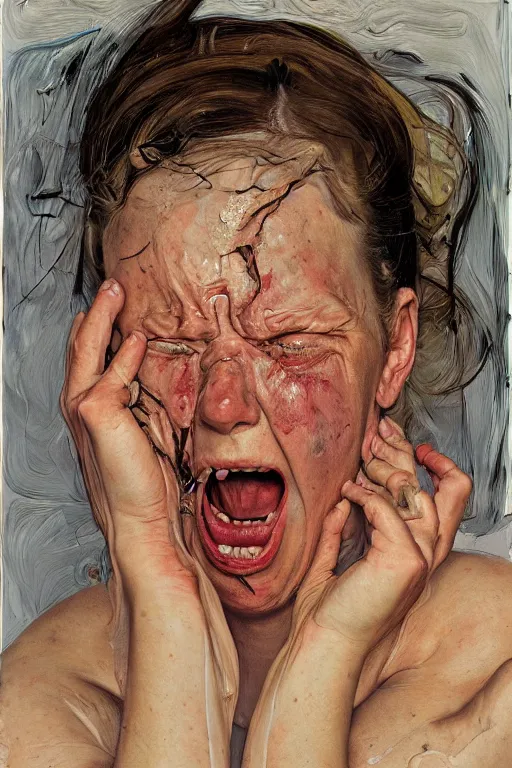 Image similar to portraits of a woman enraged, part by Jenny Saville, part by Lucian Freud, part by Norman Rockwell