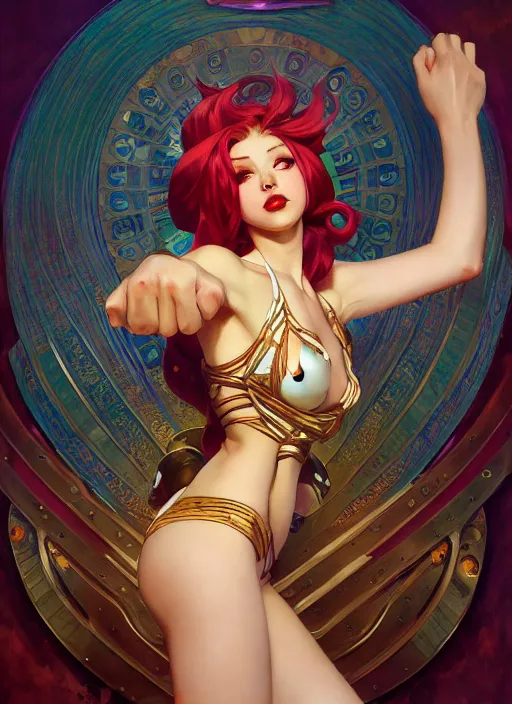 Prompt: karma from league of legends with arms raised, pinup pose, hyper detailed, digital illustration, illustration, trending in artstation, cinematic lighting, studio quality, sharp focus, intricate, elegant, art style by alphonse mucha, klimt and nixeu, ian sprigger, wlop, krenz cushart, greg rutkowski