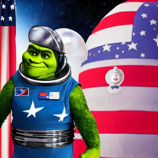 Prompt: astronaut photo of shrek in space suit holding helmet, American flag in background, photorealistic, portrait