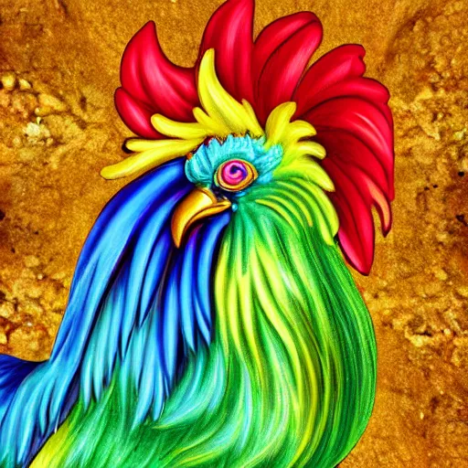 Prompt: Ornate Rainbow Rooster Portrait Antique style Barn background