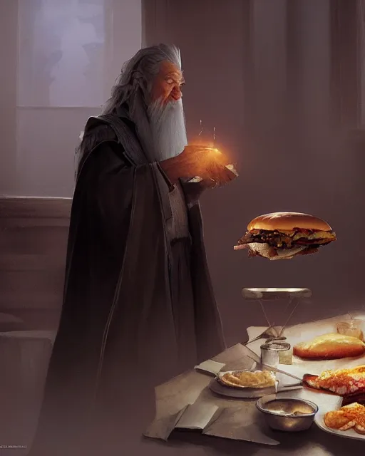 Image similar to gandalf eating a big mac, greg rutkowski, esuthio, craig mullins, cinematic lighting, gloomy