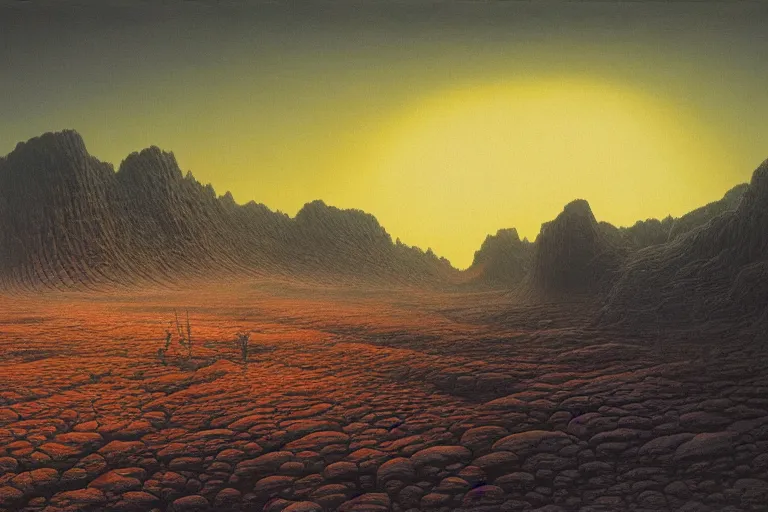 Prompt: a beautiful landscape of an alien planet by zdzisław beksiński, dariusz zawadzki, jeffrey smith and h.r. giger, oil on canvas, 8k highly professionally detailed, trending on artstation