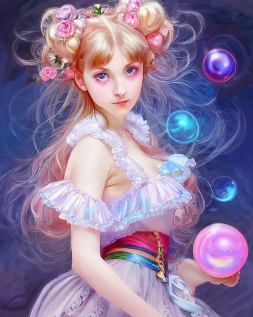 Image similar to portrait of magical lolita girl, dreamy and ethereal, expressive pose, big blue eyes, exciting expression, fantasy, intricate, elegant, many rainbow bubbles, rose tones, highly detailed, digital painting, artstation, concept art, cyberpunk wearing, smooth, sharp focus, illustration, art by artgerm and greg rutkowskiand alphonse mucha