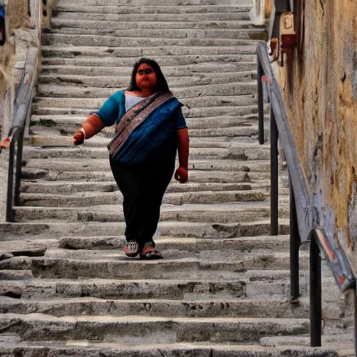 Image similar to an obese Indian woman with rollator climbing steps in Porto