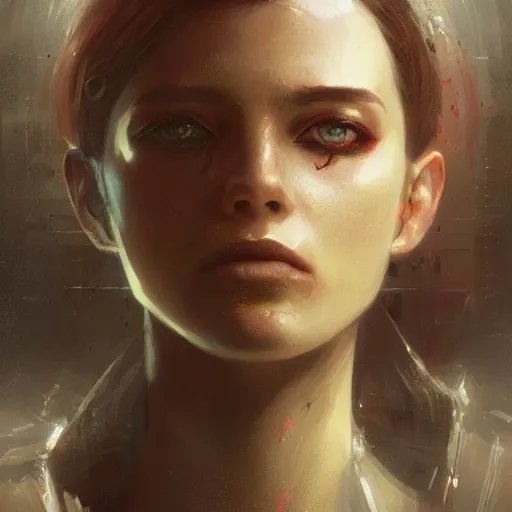 Image similar to portrait of a young beautiful woman, eyelense, cyberpunk, high detail, dramatic light, digital art, dark, painted by seb mckinnon and greg rutkowski, trending on artstation