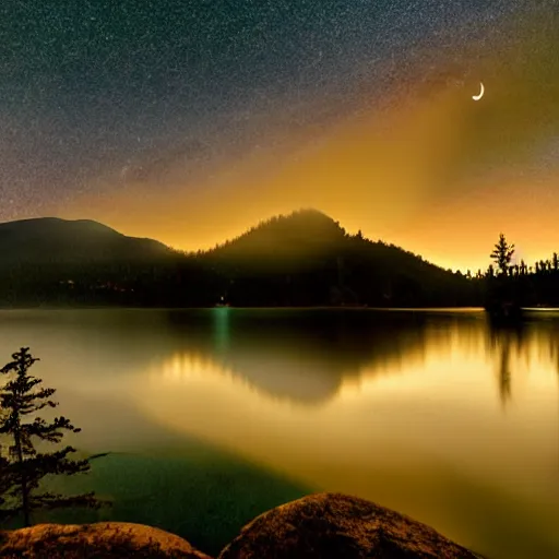 Image similar to Forested lakeside cabin at midnight with a crescent moon in the misty sky and mountains behind it.