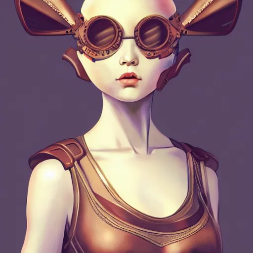 Image similar to ilya kuvshinov, curiosities carnival, soft paint of a single bald beautiful female in a full steampunk armor, rabbit - ear helm, symmetry accurate features, focus, very intricate ultrafine details, award winning masterpiece