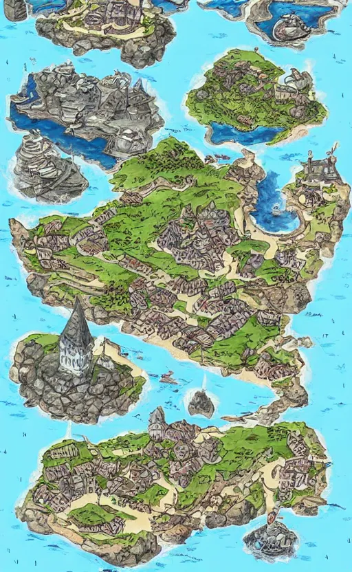 Image similar to dnd shore port town and docks on islands, hand painted and drawn map