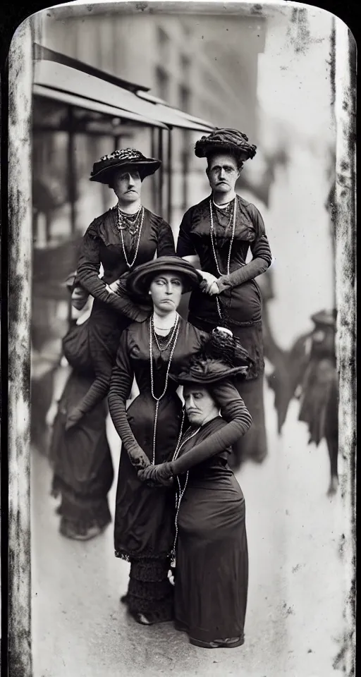 Prompt: wet plate photograph, fashionable ladies on the streets of San Francisco, 1908