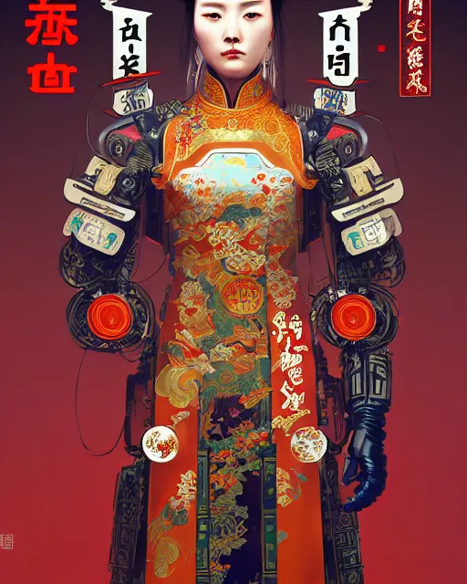 Image similar to portrait of a chinese cyberpunk machine, machine face, robed, upper half portrait, decorated with chinese opera motifs regal asian machine robot cyberpunk fine china, wuxia, traditional chinese art intricate intense elegant highly detailed digital painting artstation concept art smooth sharp focus illustration, art by artgerm and greg rutkowski alphonse mucha 8 k