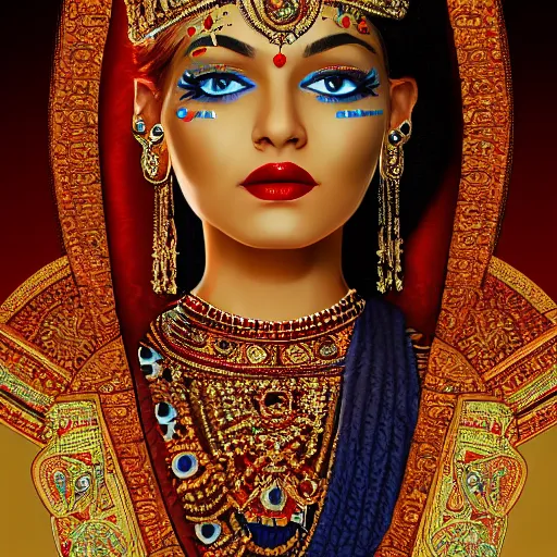 Image similar to the queen of india sitting on a throne, detailed face with red lips, blue eyes and large forehead, moody atmosphere, digital art, highly detailed, high contrast, beautiful lighting, award winning, trending on art station, photorealistic, 8 k,