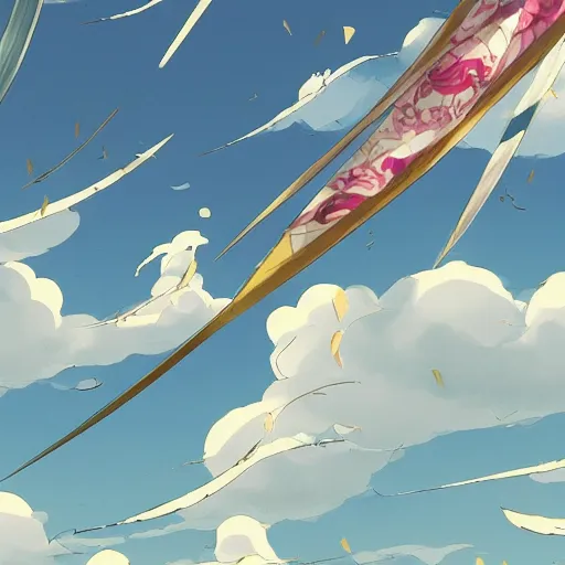 Image similar to background art of flying longswords flowing and floating through the blowing directional wind on a simple cloudy sky background, big puffy clouds, large individual rose petals, angular background elements, polygonal fragments, anime, studio ghibli, artgerm, manga, trending on artstation, art nouveau, mature color scheme