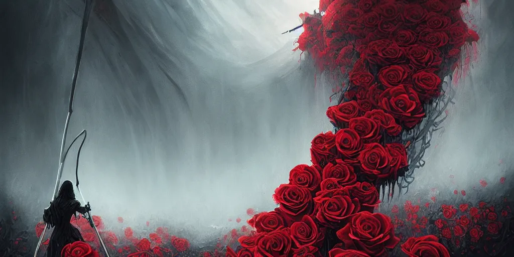 Image similar to poster style, a beautiful and terrifying painting with high details of a panoramic view of a reaper holding a long sickle, with red fluid white roses in the foreground, movie atmosphere, movie lights, 8 k, light effect, rtx on, trending on artstation, by kilian eng, lee madgwick, bastien lecouffe - deharme