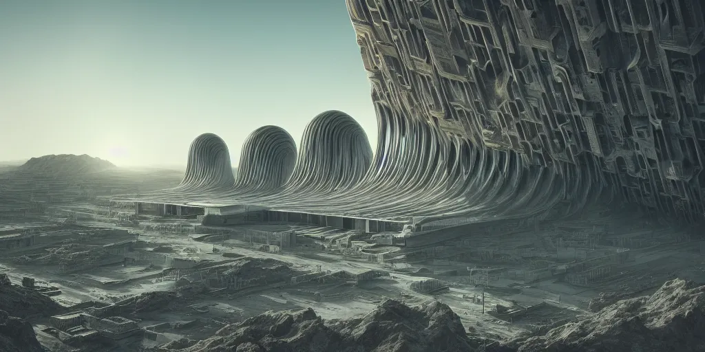 Image similar to sci - fi concrete brutalist architecture in an alien desert, zaha hadid, beksinski, photoreal, highly detailed, 8 k, hd, vray, artstation, trending on behance, cinematic matte painting, extreme detail photo quality, green moss, sunrays, sunset, featured on behance