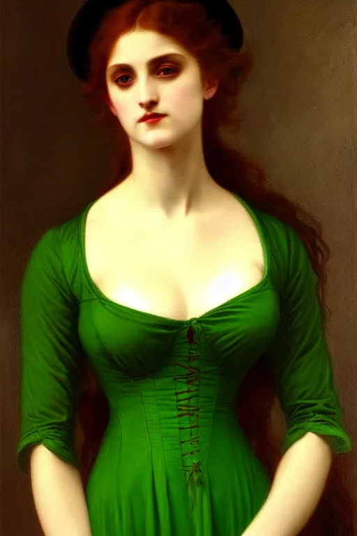 Image similar to victorian vampire in green dress, painting by rossetti bouguereau, detailed art, artstation