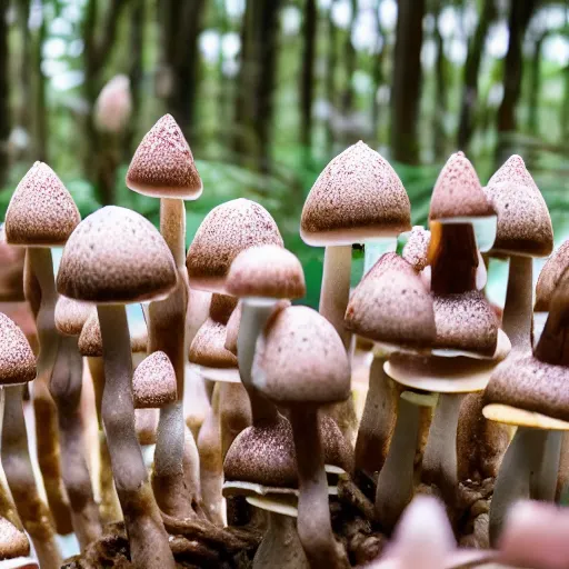 Image similar to a photograph of a clump of vanilla-chocolate swirl ice cream cones with sprinkles growing in the deep lush forest like mushrooms. Shallow depth-of-field