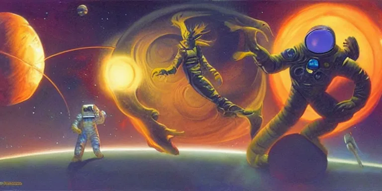 Image similar to an astronaut fights a space god, night scene, concept art by boris vallejo and michael whelan