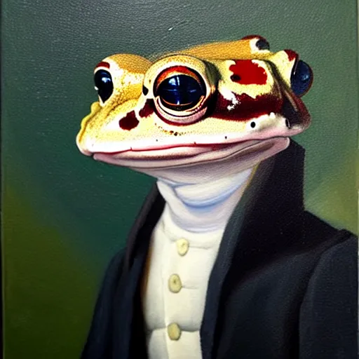 Image similar to a head and shoulders portrait painting of an anthropomorphic!!!!!!!!!! amazon milk frog!!!!!!!!!! wearing a colonial!!!!!!!!!! outfit without a hat looking off camera, a character portrait, romanticism, oil on canvas, visible brushstrokes, intense colors