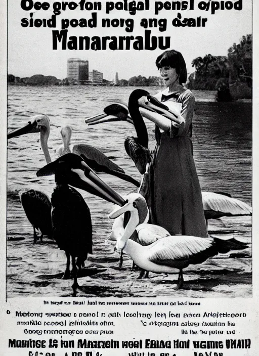 Image similar to vintage pharamaceutical magazine advertisement depicting charles manson feeding pelicans to children