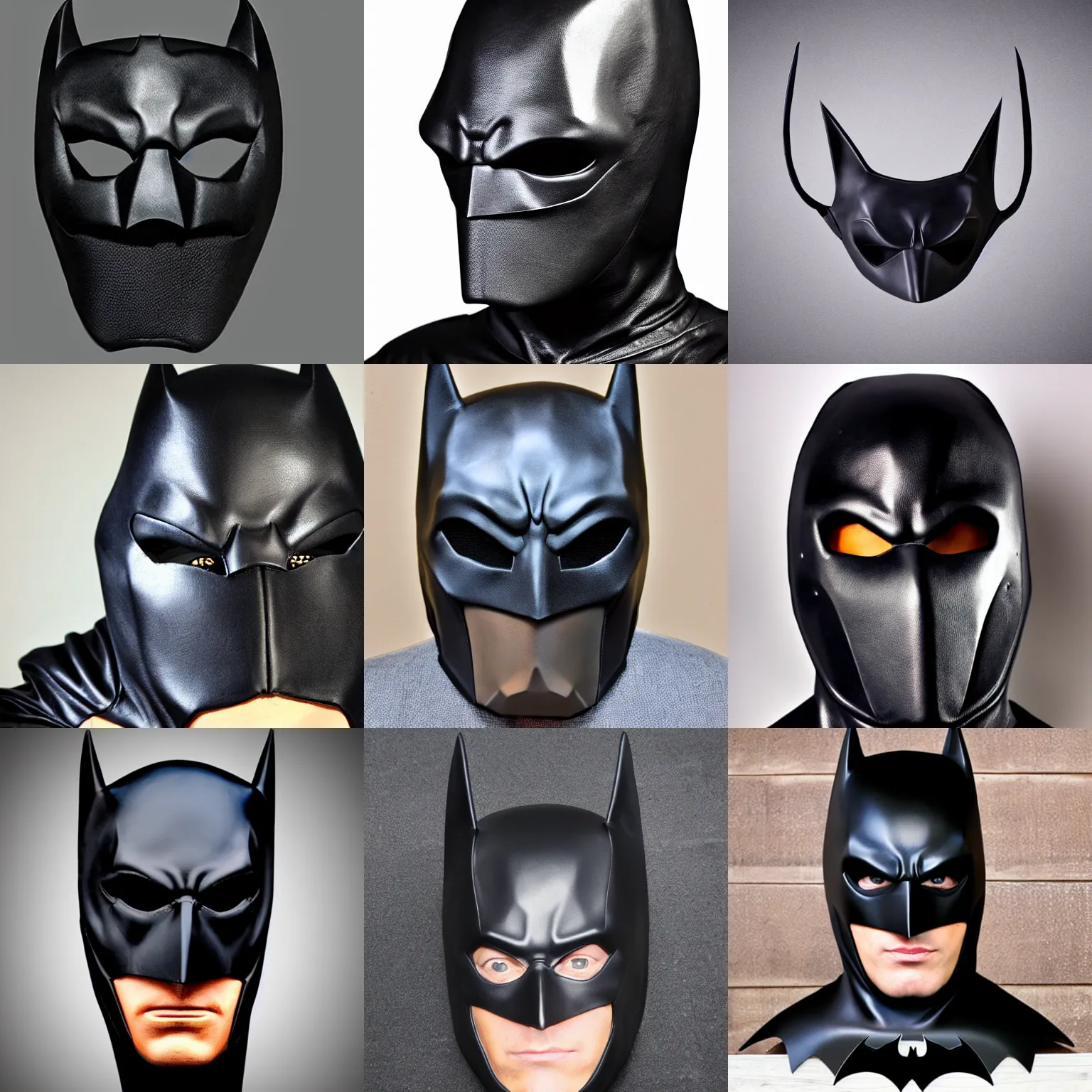 Prompt: batman gimp mask, luxury leather, symmetrical, luxury item showcase, studio lighting