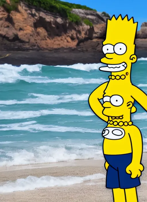 Image similar to professional photo of person looking like bart simpson, he's muscular and confident, on the beach at noonday, blur background, high details, original simpsons cartoon style