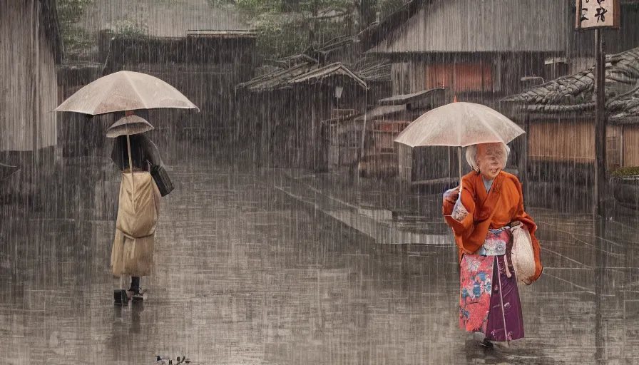 Image similar to old lady with her umbrella in rustic japanese village, raining, paint by hiromu arakawa, hyperdetailed, artstation, cgsociety, 8 k