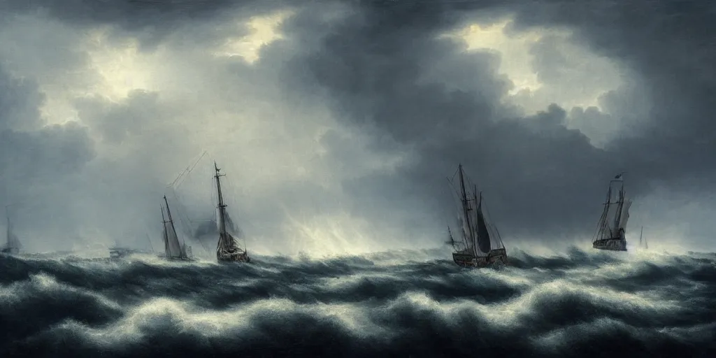 Prompt: a man o war sailing through a heavy storm at night, art, high definition, high detail, 8k,