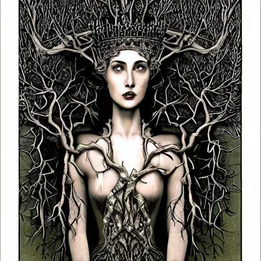 Prompt: a woman with a crown of twisted branches, by Keith Thompson