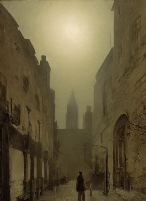 Image similar to 1 9 th century london, shady alleys, pub, thick fog, coherent composition art by caspar david friedrich, thomas lawrence, john martin