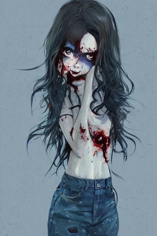 Image similar to urban school zombie girl in tattered clothes drooling fanart, dark blue long hair, muted colors, matte print, pastel colors, ornate, digital art, cute smile, digital painting, fan art, elegant, pixiv, by Ilya Kuvshinov, by Studio Ghibli