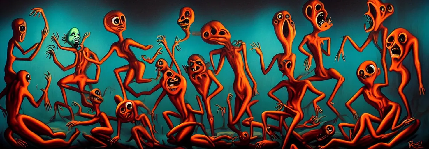 Image similar to visceral freaky obsessive creatures from the darkest depths of collective unconscious, dramatic glowing lighting, 1 9 3 0 s fleischer cartoon characters, wild emotional expressions - surreal painting by ronny khalil