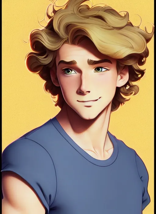 Image similar to young man with medium - length, curly, golden hair, aquamarine eyes, natural lighting, path traced, highly detailed, high quality, cartoon, digital painting, by don bluth and ross tran and studio ghibli and alphonse mucha