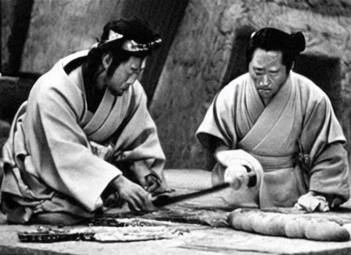 Image similar to a movie still of a samurai slicing a loaf of bread, a movie by Akira Kurosawa