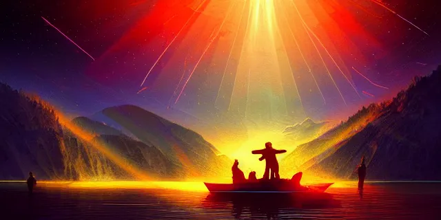 Prompt: beautiful concept art of light beams passing through multiple glowing cubes in the middle of lake baikal, atmospheric lighting, intricate, volumetric lighting, beautiful, sharp focus, ultra detailed, in the art style of marc simonetti and dan mumford, astrophotography