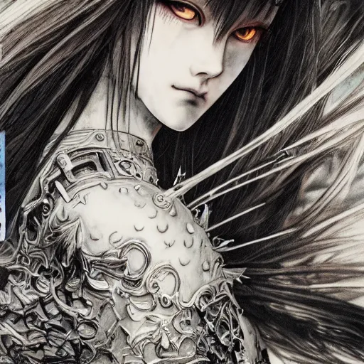 Image similar to Yoshitaka Amano realistic illustration of an anime girl with black eyes, wavy white hair fluttering in the wind and cracks on her face wearing Elden ring armour with engraving, abstract black and white patterns on the background, noisy film grain effect, highly detailed, Renaissance oil painting, weird portrait angle, blurred lost edges, three quarter view