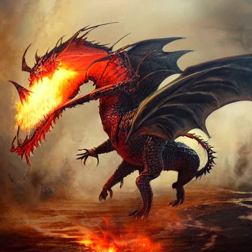 Image similar to epic fantasy painting of red dragon breathing fire towards knight, by john avon, by seb mckinnon, high detail, fantasy battle