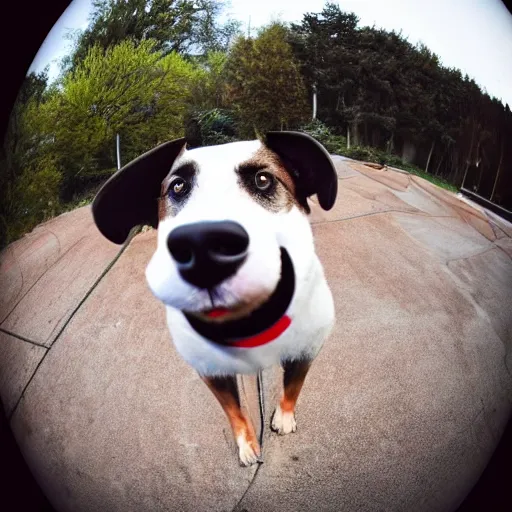 Image similar to fisheye lens photo of a dog wearing a fake moustache