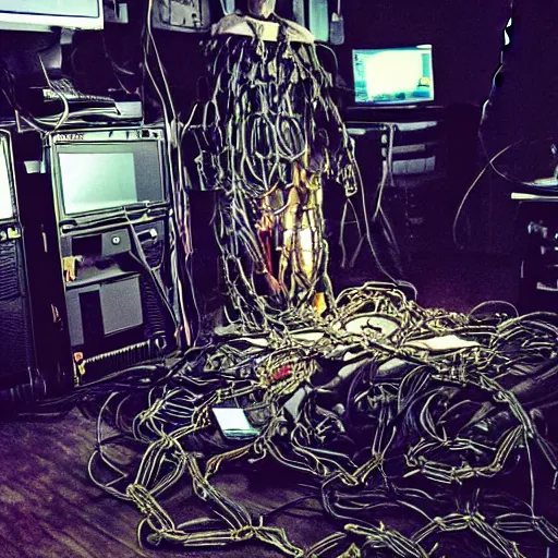 Image similar to “a photo of a kneeling knight wrapped in cables and chains in front of a glowing computer screen. The knight is in the center of a dark filthy dirty room filled with server racks and server cables hanging everywhere. The ground of the room is littered and covered with garbage and trash everywhere. It is dark and there are no lights. Cursed image. Nikon coolpix.”