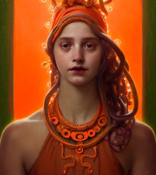 Image similar to portrait of teenage medusa, bald, naughty smile, coral snakes cover her head, wearing an embroidered orange tunic, intricate, elegant, copper and emerald jewelry, glowing lights, highly detailed, digital painting, artstation, concept art, smooth, sharp focus, illustration, art by wlop, mucha, artgerm, and greg rutkowski