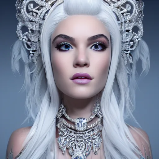 Image similar to portrait of radiant princess with white hair, beauty, ornate and intricate diamond jewelry, jaw dropping, white accent lighting, hyper detailed, 4 k octane render