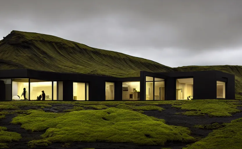 Prompt: An Exterior wide angle shot painting of a modern architecture house in the middle of a green icelandic valley with black sand rocks and green moss, Greg Rutkowski and Craig Mullins, Cinematic and atmospheric lighting