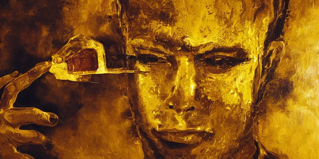 Prompt: golden abstract painting of a man removing a nail from his third eye