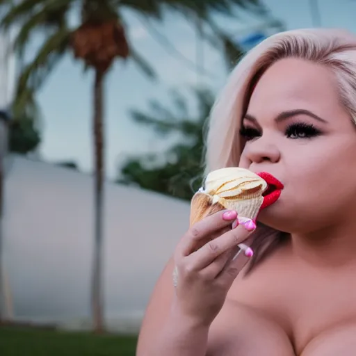 Image similar to trisha paytas eating ice cream, shallow depth of field, bokeh, anamorphic lens flare, 8k, hyper detailed, 35mm