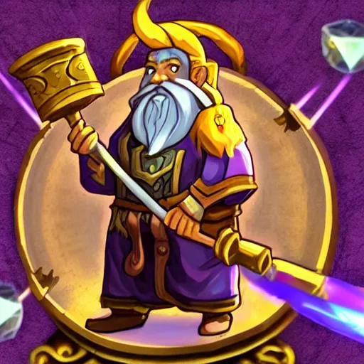 Prompt: dwarf alchemist carrying a staff with purple energy radiating from it, tomes and scrolls on his back, ling white beard, in the style of league of legends