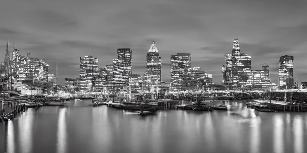 Prompt: high quality night photograph of docklands in london, dimly lit cirrus clouds, long exposure, architecture photography, ultrawide image